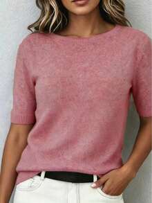 Women's Wool Blend Soft Knit Short Sleeve Top, Loose Fit, 15% Wool Content, Basic Crew Neck Solid Color Half Sleeve Knit Sweater, Lightweight Luxury Minimalist Commuter Inner Layer, Quiet Luxury Style, Suitable For Office And Business Use - Watermelon Pink - View 5