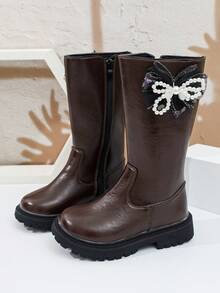 1 Pair Girls' Tall Chelsea Boots, Soft PU + Side Mesh Bow Material, Elastic Soft Sole With Inner Zipper Design, Simple Classic Princess Style High-Top Boots, Suitable For Daily Wear, School, Holidays, Autumn/Winter New Arrival - Coffee Brown - View 2