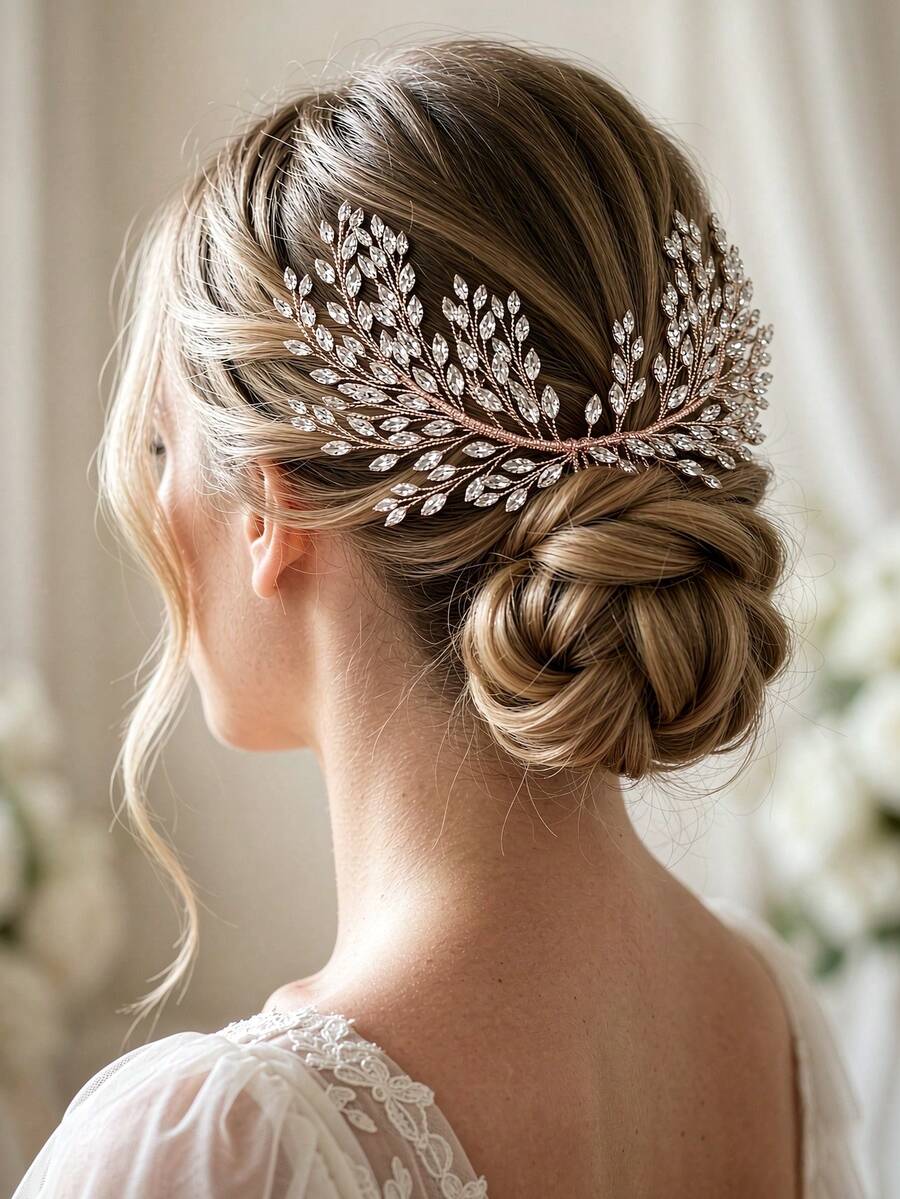 Light Luxury Mori Style Bridal Hair Accessories, Pearl & Marquise Rhinestone Leaf Hair Clip/Comb, Wedding Makeup Styling Accessory, Banquet Hair Ornament - Gold - View 1