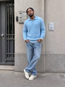 BLACKTOEXIT Men's Faux Mink Fur Polo Collar Sweater, 2-Button Turn-Down Collar, Loose Soft Fuzzy Knit Pullover Top - Blue - View 5