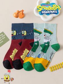 SpongeBob SquarePants 2/1雙 SquarePants 女款襪子，趣味卡通中筒襪，厚款秋冬適用 - 彩色 - 查看 3