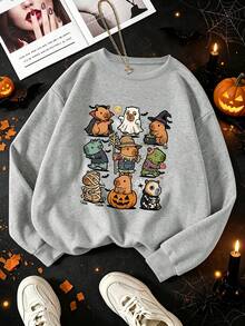 Plus-Size Women's Halloween Crewneck Sweatshirt With A Cute Capybara Dress-Up Print, Casual And Simple, Perfect For Autumn And Winter Wear. - Grey - View 2