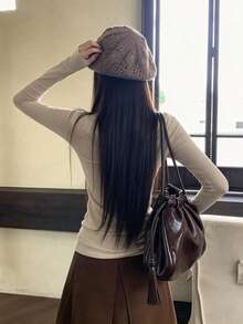 Autumn/Winter Solid Color Long Sleeve Turtleneck T-Shirt - Apricot - View 11
