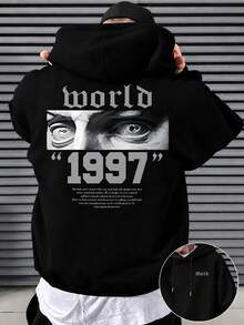 1pc Men's Plus Size Loose Oversize Fit Vintage World1997 Portrait Eye Graphic Hoodie | Exquisite Craftsmanship | With Front Kangaroo Pocket | Fashion Casual | Autumn/Winter Essential | Versatile And Easy To Match, Showcasing Your Style - Black - View 1