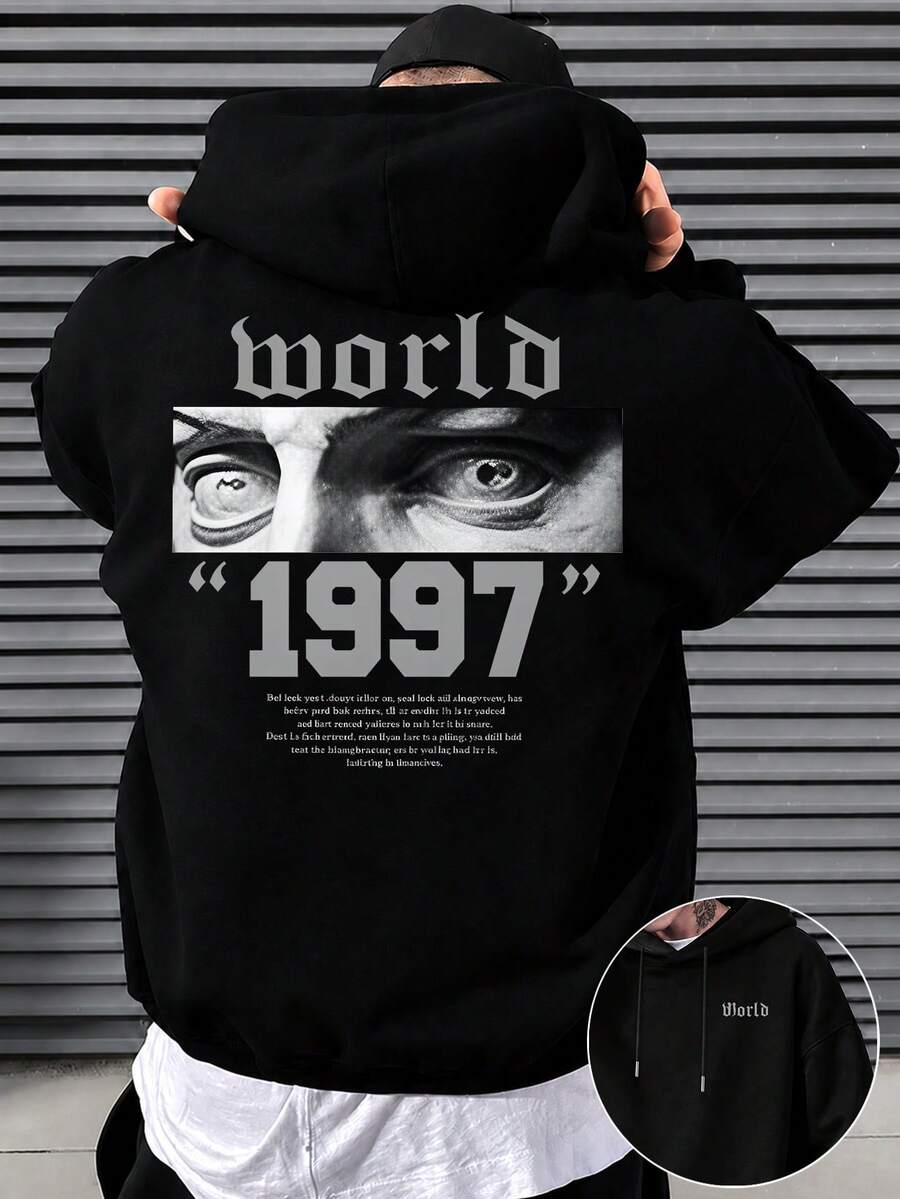 1pc Men's Plus Size Loose Oversize Fit Vintage World1997 Portrait Eye Graphic Hoodie | Exquisite Craftsmanship | With Front Kangaroo Pocket | Fashion Casual | Autumn/Winter Essential | Versatile And Easy To Match, Showcasing Your Style - Black - View 1