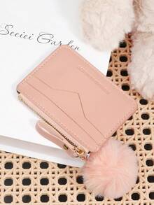 Fashionable Zipper Multi Slot Wallet, With A Pom-Pom Charm, Multi Card Slot, Large Capacity Credit Card Storage Bag, Suitable For Outdoor Use - Pink - View 5