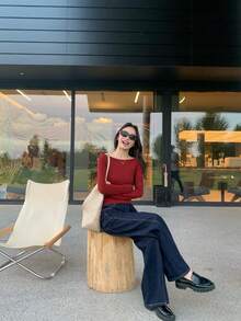 Women's Fitted Boat Neck Long Sleeve Knit Casual Elegant Base Layer T-Shirt Top - Vintage Red - View 4