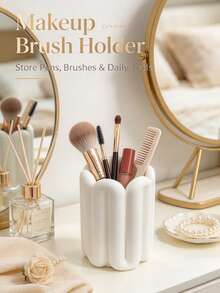 1pc INS Cream Style Minimalist Geometric Texture Pen Holder, High-Value Desktop Storage Bucket, Multi-Functional Makeup Brush Holder, Suitable For Vanity Makeup Storage Decor, Beauty Storage Solution, Home Decor Gift - White - View 8