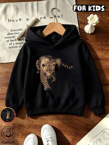 Tween Girl Leopard Animal Graphic Hooded Sweatshirt, Casual Long Sleeve Pullover Hoodie - Black - View 11