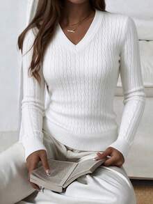 Apperloth A Women's Spring Casual Thin Soft V-Neck Long Sleeve Fitted Short Textured Knit Pullover Sweater, Basic Style Suitable For Wedding Season White Fall - White - View 2