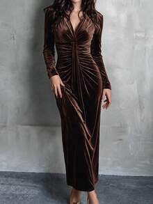 Unadoll Women's Autumn/Winter Brown Velvet Mid-Length Dress, Elegant Pleated Slim Fit Long Sleeve Dress, Suitable For Party, Date Night And Homecoming Dance Fashion Outfit - Coffee - View 8