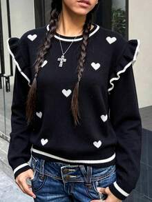 Elegant Elegant Heart Contrast Color Patchwork Pullover Sweater With Ruffle Design, Loose Fit Versatile Long Sleeve Casual Knit Top For Women, Autumn/Winter Valentine's Day Date - Black - View 7