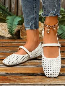 Women's Hollow Woven Square Toe Flat Shoes With Single Strap Buckle, Breathable Low Vamp Loafers - White - View 11