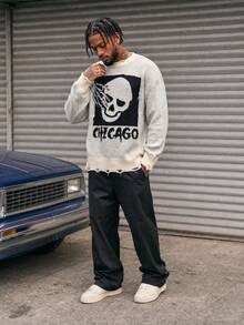 BLACKTOEXIT American Street Style Skull Bone Hand Pattern Men's Knit Sweater, Distressed Hem Loose Fit Crew Neck Pullover Casual Sweater For Autumn/Winter - White - View 5