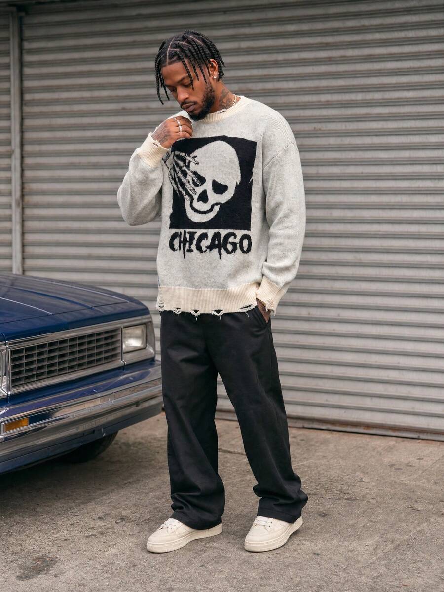 BLACKTOEXIT American Street Style Skull Bone Hand Pattern Men's Knit Sweater, Distressed Hem Loose Fit Crew Neck Pullover Casual Sweater For Autumn/Winter - White - View 1