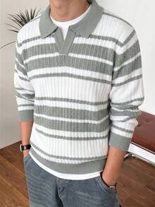 1pc Boys' Teen Retro Colorblock Green & White Striped Knit Polo Shirt, Autumn/Winter - Green - View 2