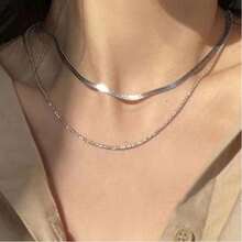 2pcs/Set Snake Bone Chain Shimmering Clavicle Stainless Steel Necklace, Minimalist Fashion Slimming Cold Style French Neck Chain For Women - Silver - View 2