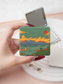 1PC Ins Landscape Series Portable Vanity Mirror, Foldable Lightweight Ultra-Thin Convenient Hand Mirror, PU Leather, Suitable For Multiple Scenarios And All People, Foldable Small Square Mirror, Pocket Mirror, Fresh Clover Sunflower Daisy Sky Printed Pattern Design, Exquisite Handheld 180° Flip Cover Multifunctional - Multicolor - View 7