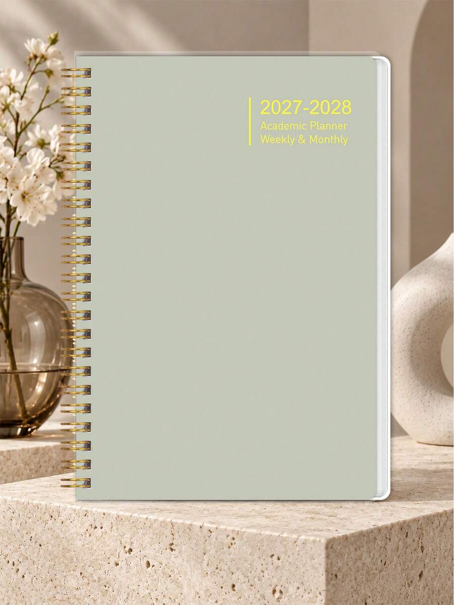 1本 2027-2028 學術計畫本,棕色週計畫與月計畫螺旋裝訂日曆筆記本,金色線圈,寬敞的規劃頁面與備註區,適用學生、學校、大學、辦公室與日常行程管理 - 綠色 - 查看 1
