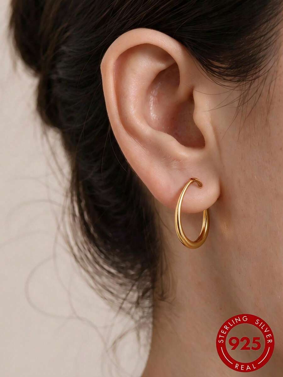 Bông tai bạc Sterling S925 mạ vàng 18K, dạng vòng hình giọt nước thoải mái, kèm hộp quà, phù hợp cho tai nhạy cảm - Vàng - Xem 1