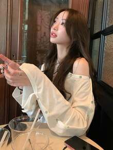 Korean Style Casual Asymmetrical Shoulder Metal Button Decor Long Sleeve Top Women Autumn Winter Loose Casual Short T-Shirt - White - View 3