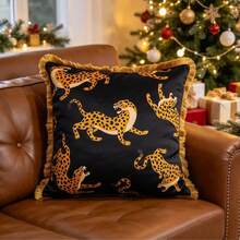 1pc Black Leopard Print Tassel Pillowcase, Vintage Animal Pattern Cushion Cover, Sofa Throw Pillowcase, Luxury Home Decor, Rustic Living Room Sofa Soft Furnishing Ornament, Pillow Insert Not Included - Khaki - View 2