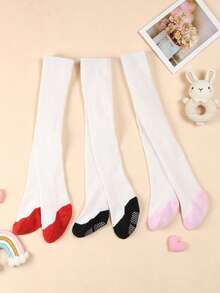 3 Pairs Baby Girl Color Block Non-Slip Bottom Tights, Soft Knitted White Base Tights, Full Foot Tights For Infants, Suitable For Daily Wear - Multicolor - View 1