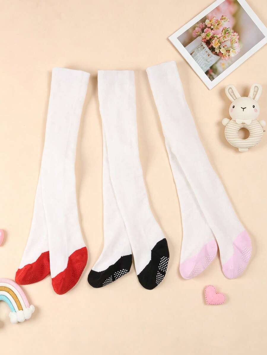 3 Pairs Baby Girl Color Block Non-Slip Bottom Tights, Soft Knitted White Base Tights, Full Foot Tights For Infants, Suitable For Daily Wear - Multicolor - View 1