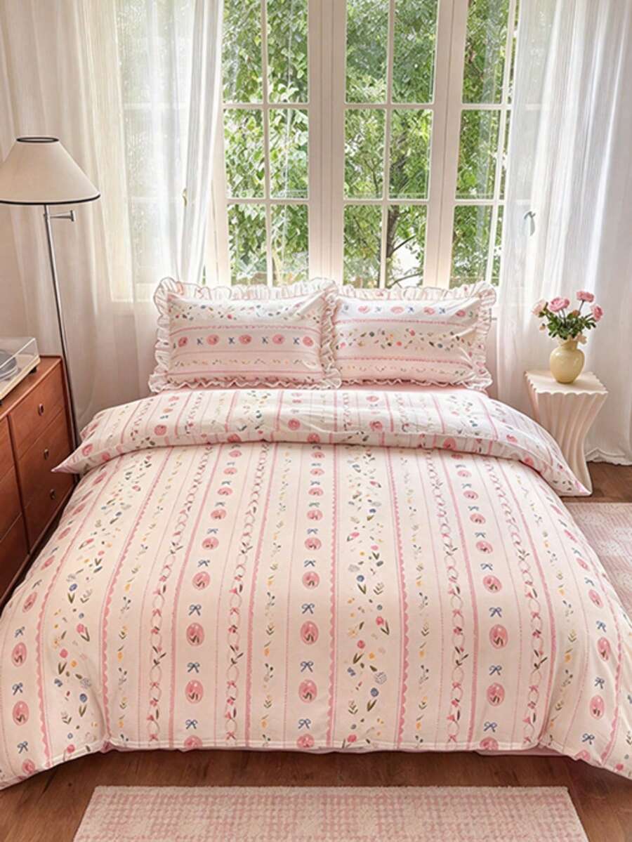 3pcs 100% Polyester Pastoral Fresh Girl Pink Ditsy Floral Down Comforter Set 2 Pillowcases + 1 Duvet Cover Set Combination (No Bed Sheet) Bedroom All Season Use