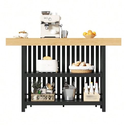 Bar Table With Footrest And 2-Tier Shelf, Compact High Table For Kitchen, Dining Room, Living Room And Home Bar, 160 * 40 * 105 Cm - Black - View 1