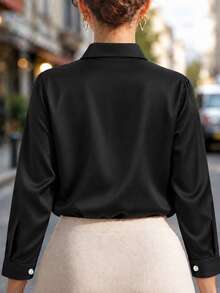 Plus Size Women's Fashion New Arrival Casual Satin Button-Up Shirt Black Spring - Black - View 2
