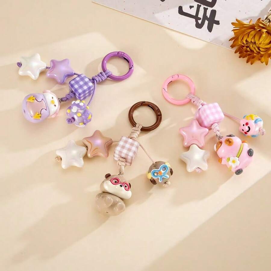 1PC Cartoon Acrylic Otter Figurine Bag Charm Hand-Painted Beaded Colorful Five-Pointed Star Keychain Pendant - Multicolor - View 1