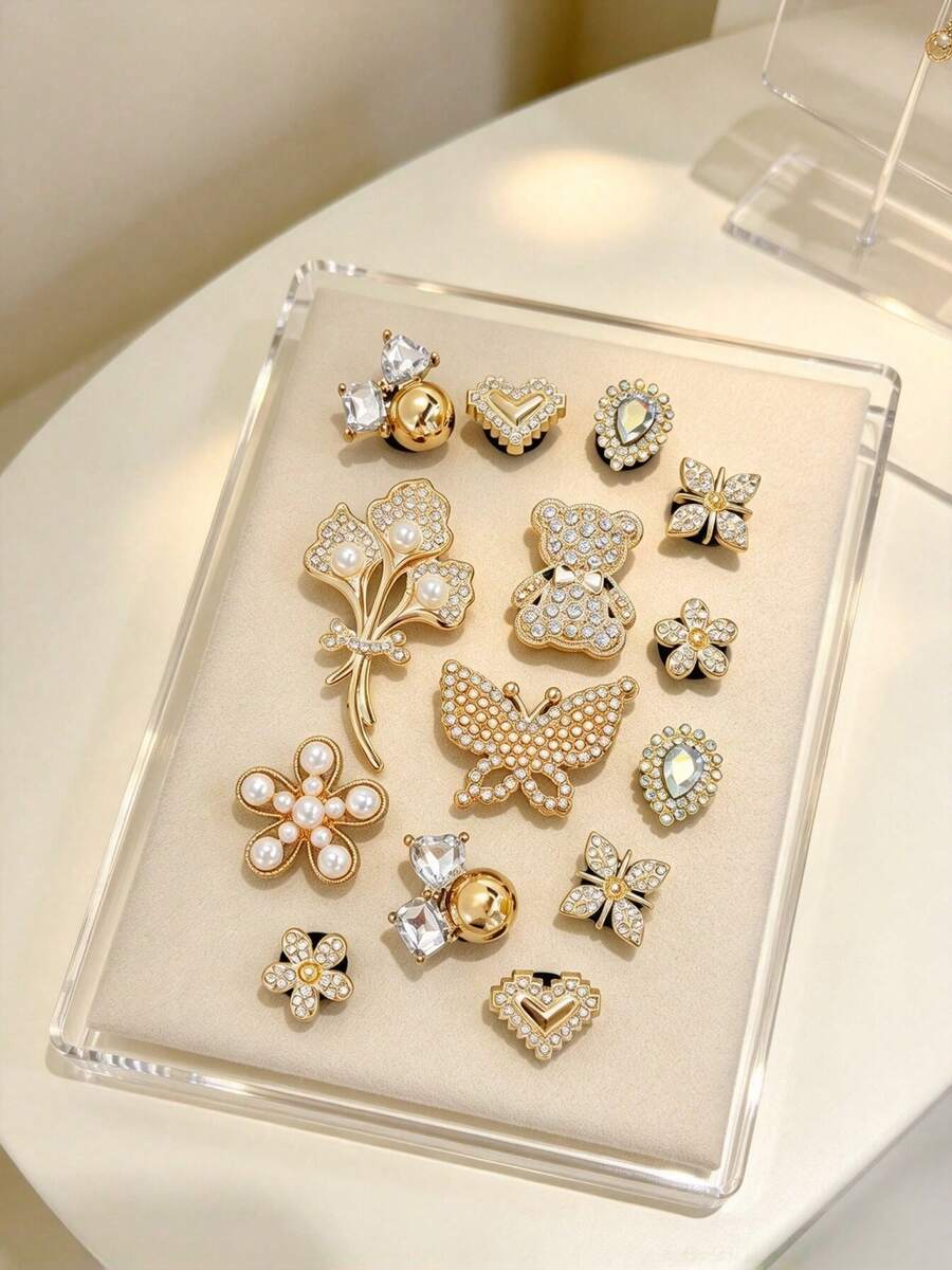 14pcs Gold Bear & Butterfly DIY Shoe Decor, Animal Casual ABS Plastic (ABS Resin) Rhinestone Home All Season - Gold - View 1