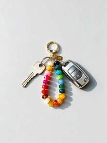 1pc Colorful Swirl Acrylic Beaded Bag Charm Keychain, Gold Hardware Key Ring, Handbag Pendant Accessory For Women,Cute Gift, Bead Colors Random - Multicolor - View 3