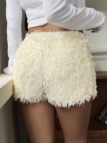 Quần short nữ SCARLUX Y2K lông xù mềm mại, phong cách đường phố mùa thu cho tiệc tùng và đi chơi đêm - Màu be - Xem 11