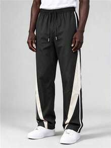 Black Side White Block Patchwork Striped Wide Leg Sports Long Pants, Elastic Drawstring Straight Leg Loose Casual Pants For Men - Black - View 4