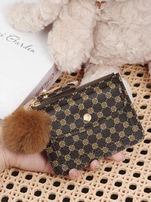 Adorned With A Delicate Pom-Pom, Fashionable Printed Coins And Credit Card Storage, Multiple Card Slots, Suitable For Carrying And Using On The Go - Coffee - View 11