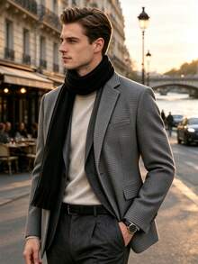 Men's Grey Houndstooth Tweed Suit Jacket, Wool Blend, Slim Fit, Single Breasted, Winter Blazer - Dark Grey - View 1