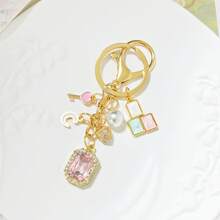 Light Luxury Exquisite Pink Diamond Square Crystal Keychain, Gold Elegant Series Bag Charm, Car Decoration, Gift Inspiration For Teachers, Friends, Sisters - Gold Pink - View 6