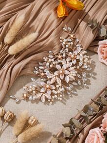 1pc Faux Pearl Rhinestone Flower Bridal Hair Comb, Elegant Crystal Leaf Wedding Hair Piece Accessories For Bride Bridesmaid Prom - Gold - View 7