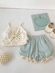 Summer New Children's Clothing, Girls' Outfit, Big Bow Print Camisole Top + Floral Bud Shorts 2-Piece Set, New Style - Baby Blue - View 3