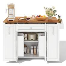 Flieks Kitchen Island On Wheels With Foldable Countertop, Mobile Kitchen Cart With 3-Tier Vertical Drawers, 2 Door-Mounted Racks And Lockable Casters, 120 * 45(70) * 87 Cm - White and Natural - View 11