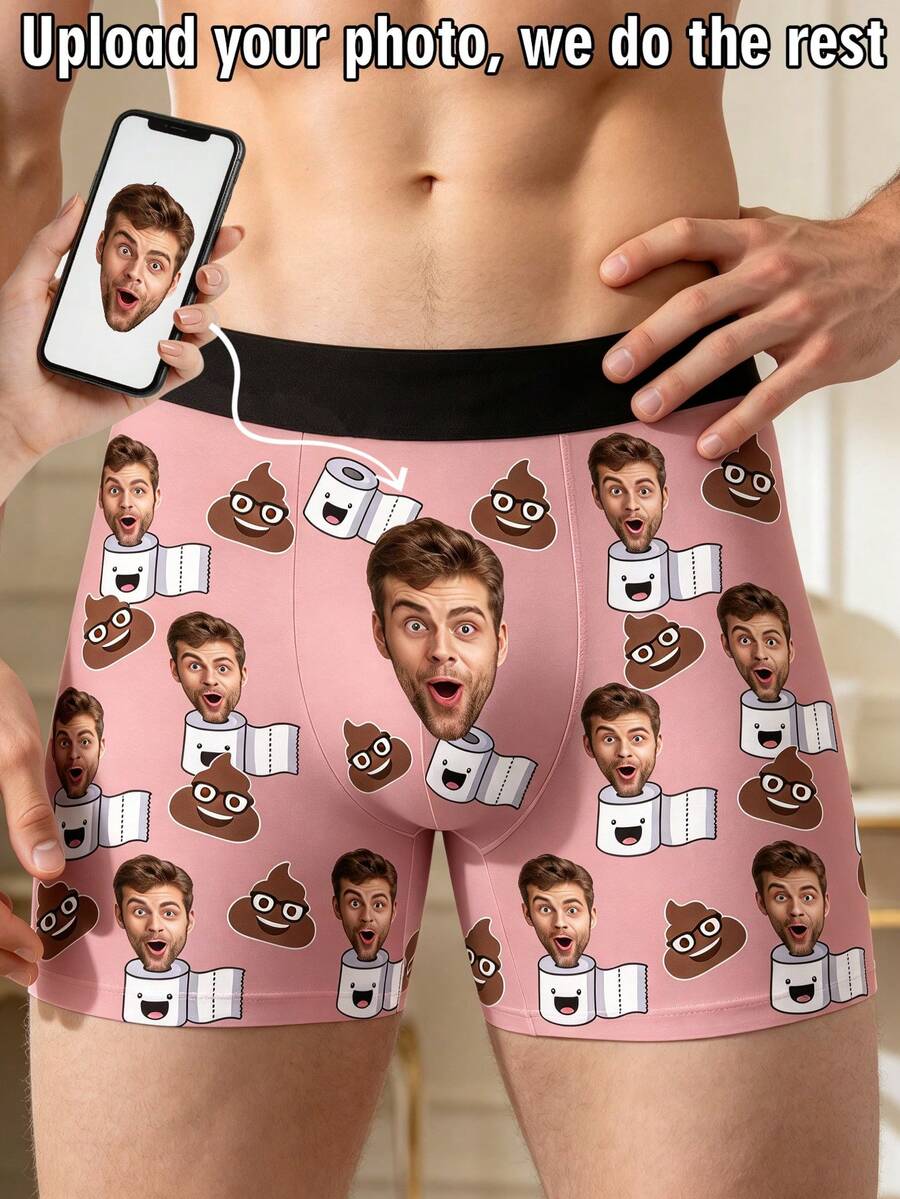 Custom Face Funny Poop Print Men's Underwear, Personalized Photo Boxers, Humorous Creative Gift For Him - Multicolor - View 1