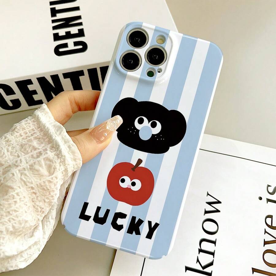 1PC Blue & White Vertical Striped Cartoon Little Black Bear Red Apple LUCKY English Phone Case Compatible With IPhone17/17Pro/17ProMax/16/16Plus/16ProMax/16e/15ProMax/11/12/12Pro/12ProMax/13/13Pro/13ProMax/14/14Pro/14ProMax Cute Childlike Full Coverage Shockproof Protective Shell - Film-fine Hole - View 1