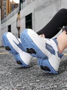 BLSART 1 Pair Kids White & Blue Colorblock 4-Wheel Roller Shoes, Mesh Breathable Hook-And-Loop Casual Dual-Use Skating Shoes With Removable Wheels - Dusty Blue - View 4