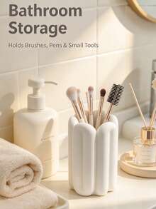 1pc INS Cream Style Minimalist Geometric Texture Pen Holder, High-Value Desktop Storage Bucket, Multi-Functional Makeup Brush Holder, Suitable For Vanity Makeup Storage Decor, Beauty Storage Solution, Home Decor Gift - White - View 3