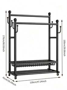 Double Rod Floor Standing Movable Garment Rack, Equipped With Universal Wheels, With Side Hooks, Double Layer Storage Space, Thickened Pipe For Stable Structure, Black And White Colors Optional, Large Capacity For Storing Clothes, Hats And Shoes - Multicolor - View 10