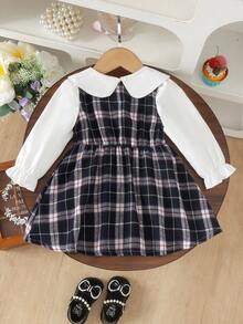 1pc Baby Girl Academy Style Peter Pan Collar Long Sleeve Plaid Dress, Thin Spring/Autumn Princess Dress - Royal Blue - View 3