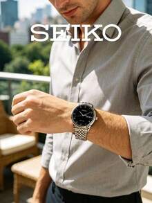 Seiko Men's Automatic Mechanical Watch With Black Dial, Roman Numerals, Day And Date Display, Self-Winding, Formal Steel Band, Suitable For Office, Party, Wedding, Gift For Father And Friends - Silver - View 2