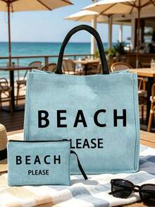 大容量亞麻托特包，印有「BEACH」字母圖案，便攜大容量購物袋，亞麻手柄托特包，多功能收納袋，個性化禮品袋，適用於旅行、購物、度假、返校、派對等場合，母親節、生日、教師節、週年紀念、節日禮物、派對活動的完美伴侶 - 彩色 - 查看 12